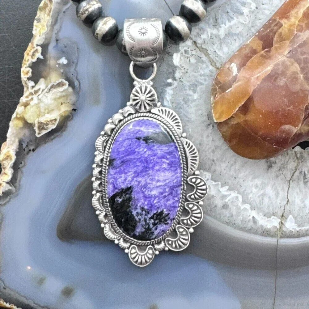 Sterling Southwestern Style Large Oval Charoite Decorated Pendant For Women